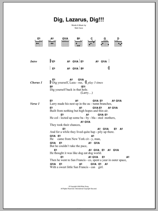 Nick Cave Dig, Lazarus, Dig!!! Sheet Music Notes & Chords for Lyrics & Chords - Download or Print PDF