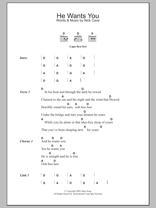 Nick Cave He Wants You Sheet Music Notes & Chords for Lyrics & Chords - Download or Print PDF