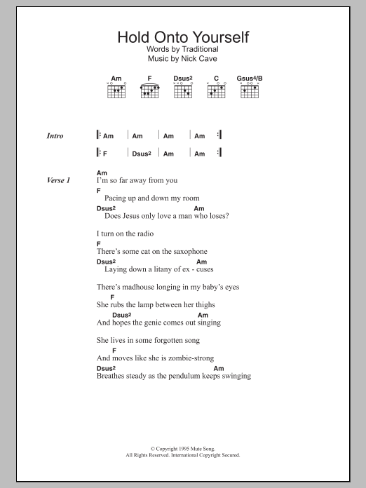 Nick Cave Hold On To Yourself Sheet Music Notes & Chords for Lyrics & Chords - Download or Print PDF