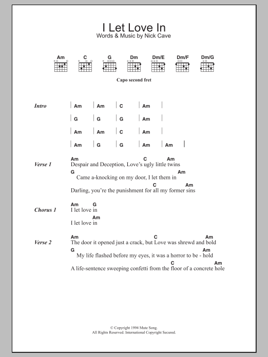 Nick Cave I Let Love In Sheet Music Notes & Chords for Lyrics & Chords - Download or Print PDF