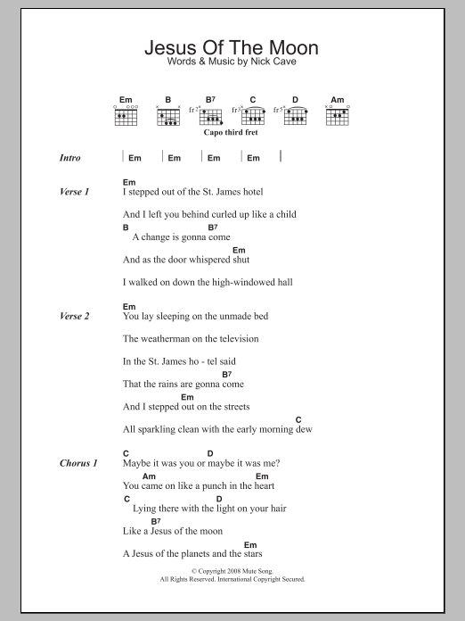Nick Cave Jesus Of The Moon Sheet Music Notes & Chords for Lyrics & Chords - Download or Print PDF