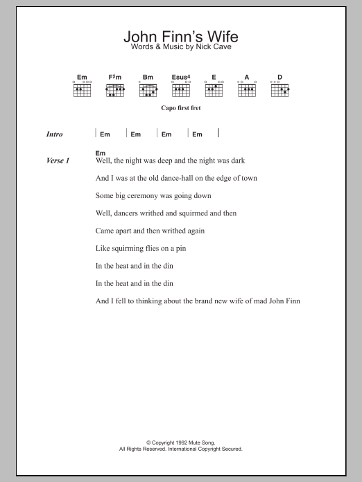 Nick Cave John Finn's Wife Sheet Music Notes & Chords for Lyrics & Chords - Download or Print PDF