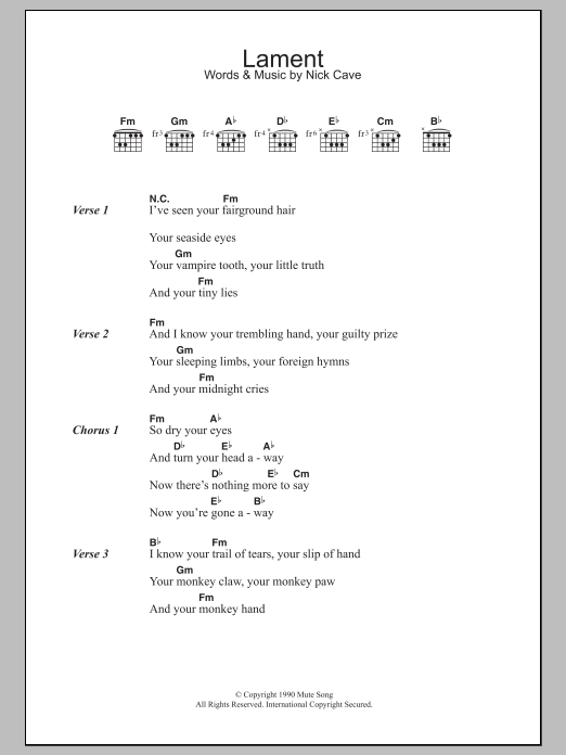 Nick Cave Lament Sheet Music Notes & Chords for Lyrics & Chords - Download or Print PDF