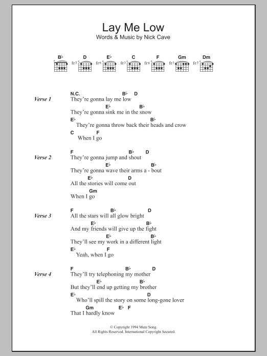 Nick Cave Lay Me Low Sheet Music Notes & Chords for Lyrics & Chords - Download or Print PDF