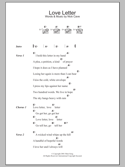 Nick Cave Love Letter Sheet Music Notes & Chords for Lyrics & Chords - Download or Print PDF