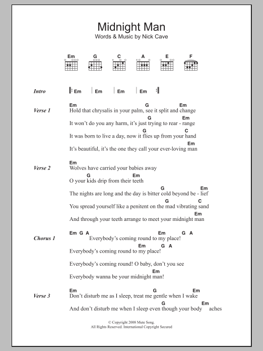 Nick Cave Midnight Man Sheet Music Notes & Chords for Lyrics & Chords - Download or Print PDF