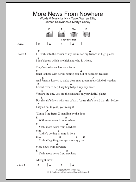 Nick Cave More News From Nowhere Sheet Music Notes & Chords for Lyrics & Chords - Download or Print PDF