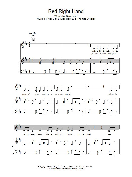 Nick Cave Red Right Hand Sheet Music Notes & Chords for Lyrics & Chords - Download or Print PDF