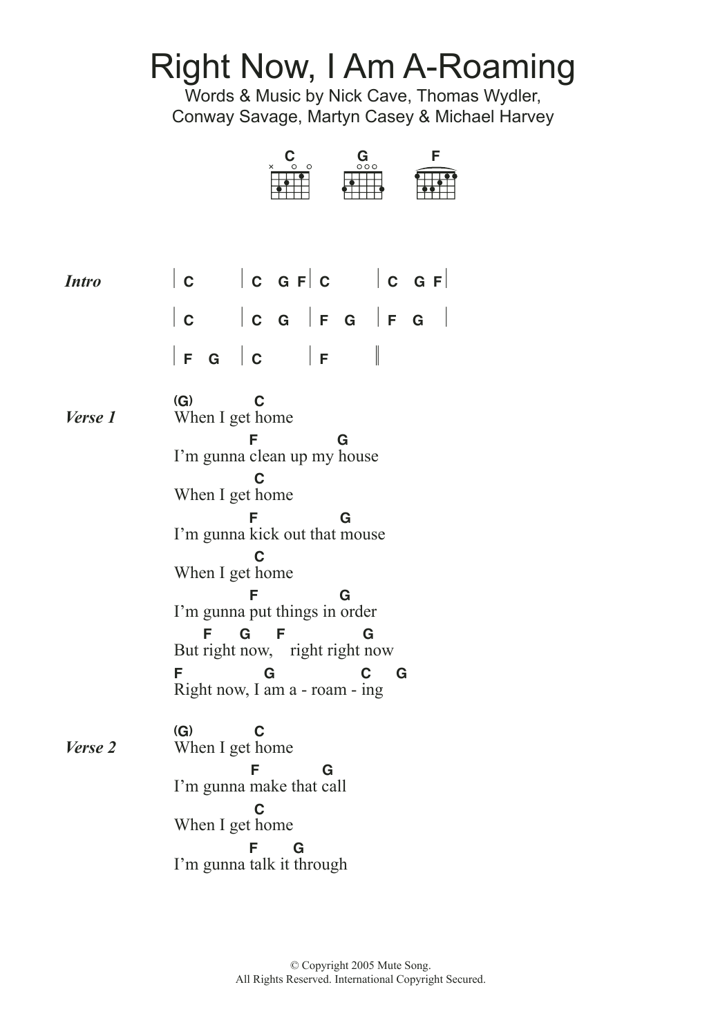 Nick Cave Right Now I'm A-Roaming Sheet Music Notes & Chords for Lyrics & Chords - Download or Print PDF