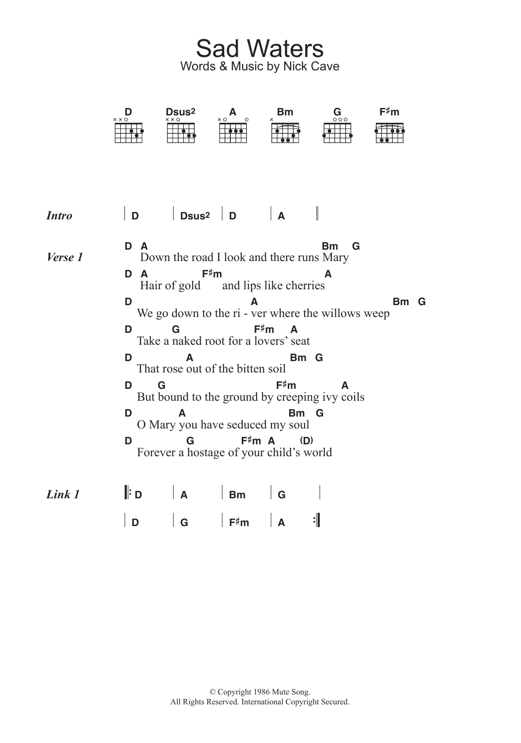 Nick Cave Sad Waters Sheet Music Notes & Chords for Lyrics & Chords - Download or Print PDF