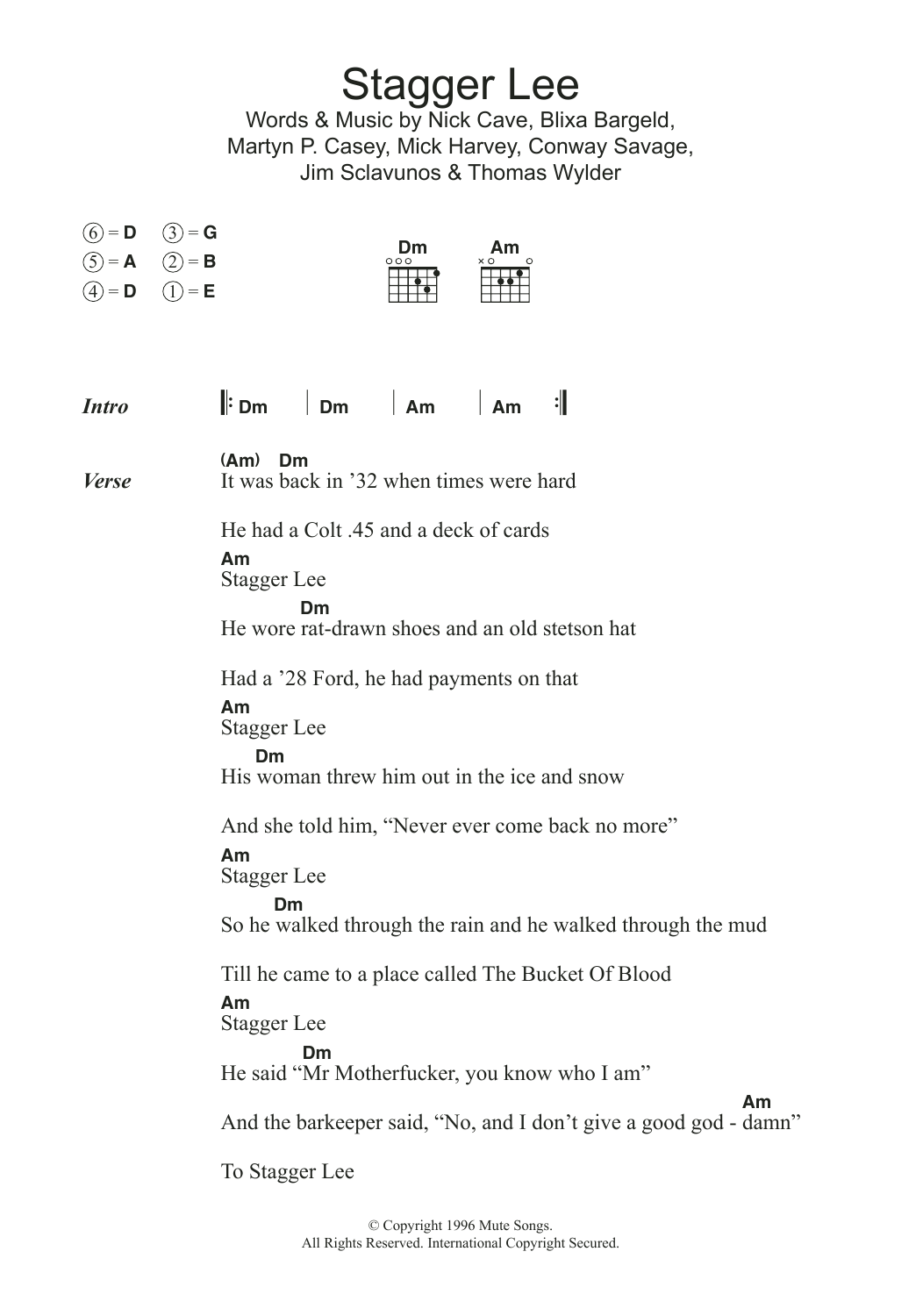 Nick Cave Stagger Lee Sheet Music Notes & Chords for Lyrics & Chords - Download or Print PDF Nick Cave Stagger Lee Sheet Music Notes & Chords for Lyrics & Chords - Download or Print PDF