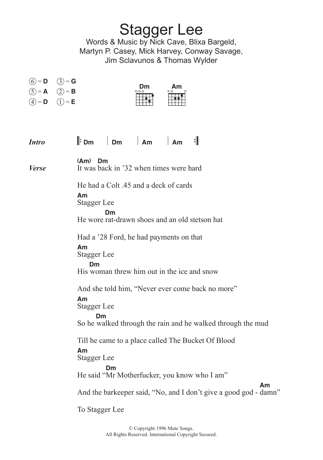 Nick Cave Stagger Lee Sheet Music Notes & Chords for Lyrics & Chords - Download or Print PDF