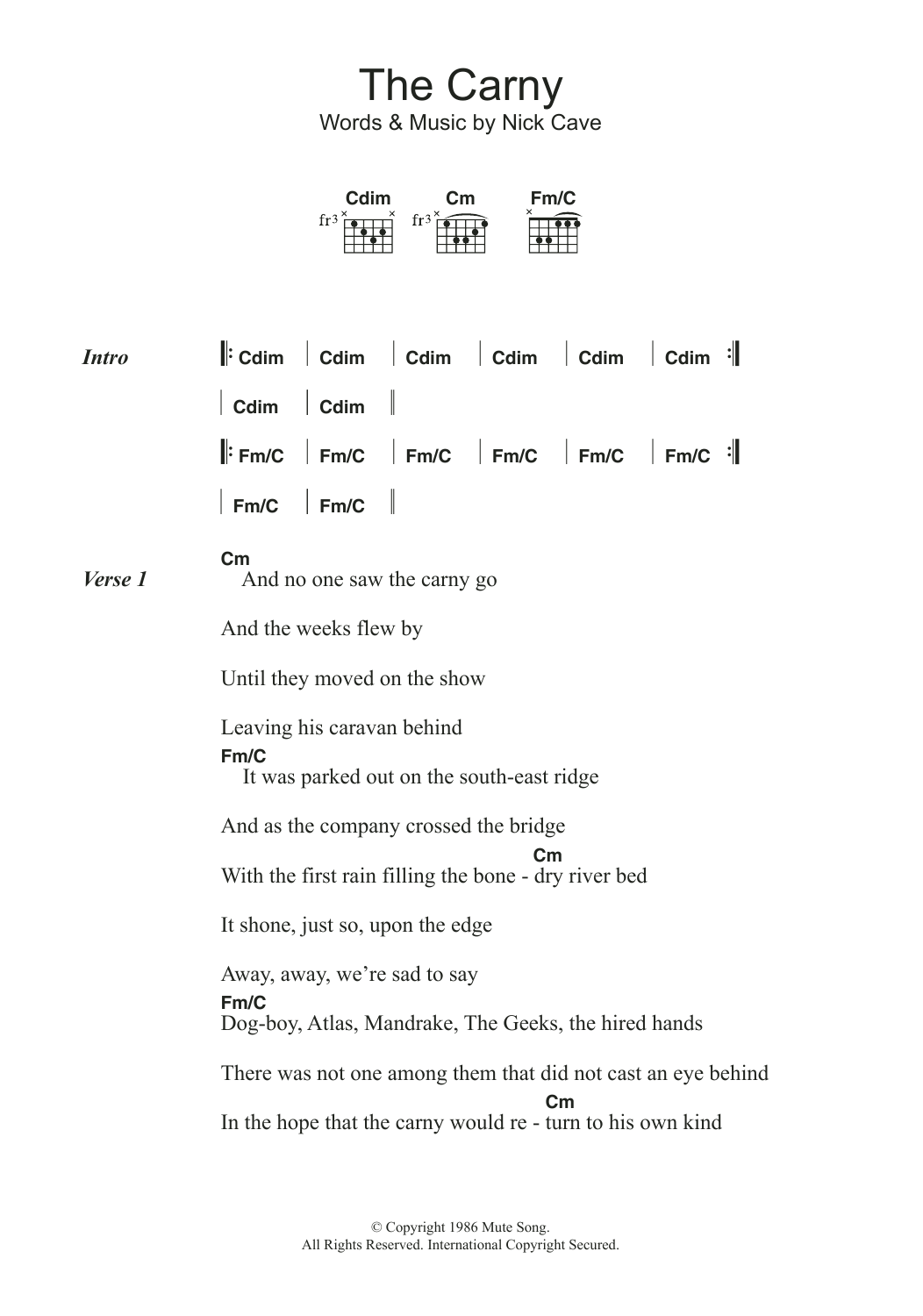 Nick Cave The Carny Sheet Music Notes & Chords for Lyrics & Chords - Download or Print PDF