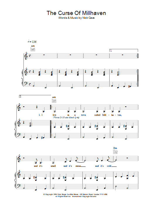 Nick Cave The Curse Of Millhaven Sheet Music Notes & Chords for Piano, Vocal & Guitar - Download or Print PDF