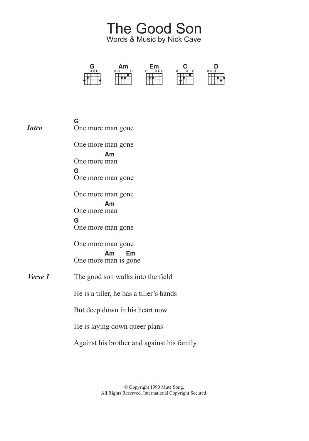 Nick Cave The Good Son Sheet Music Notes & Chords for Lyrics & Chords - Download or Print PDF