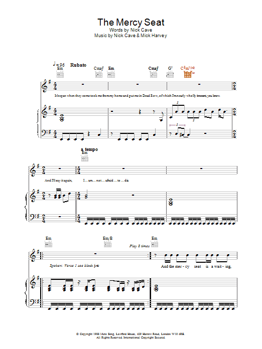 Nick Cave The Mercy Seat Sheet Music Notes & Chords for Piano, Vocal & Guitar - Download or Print PDF