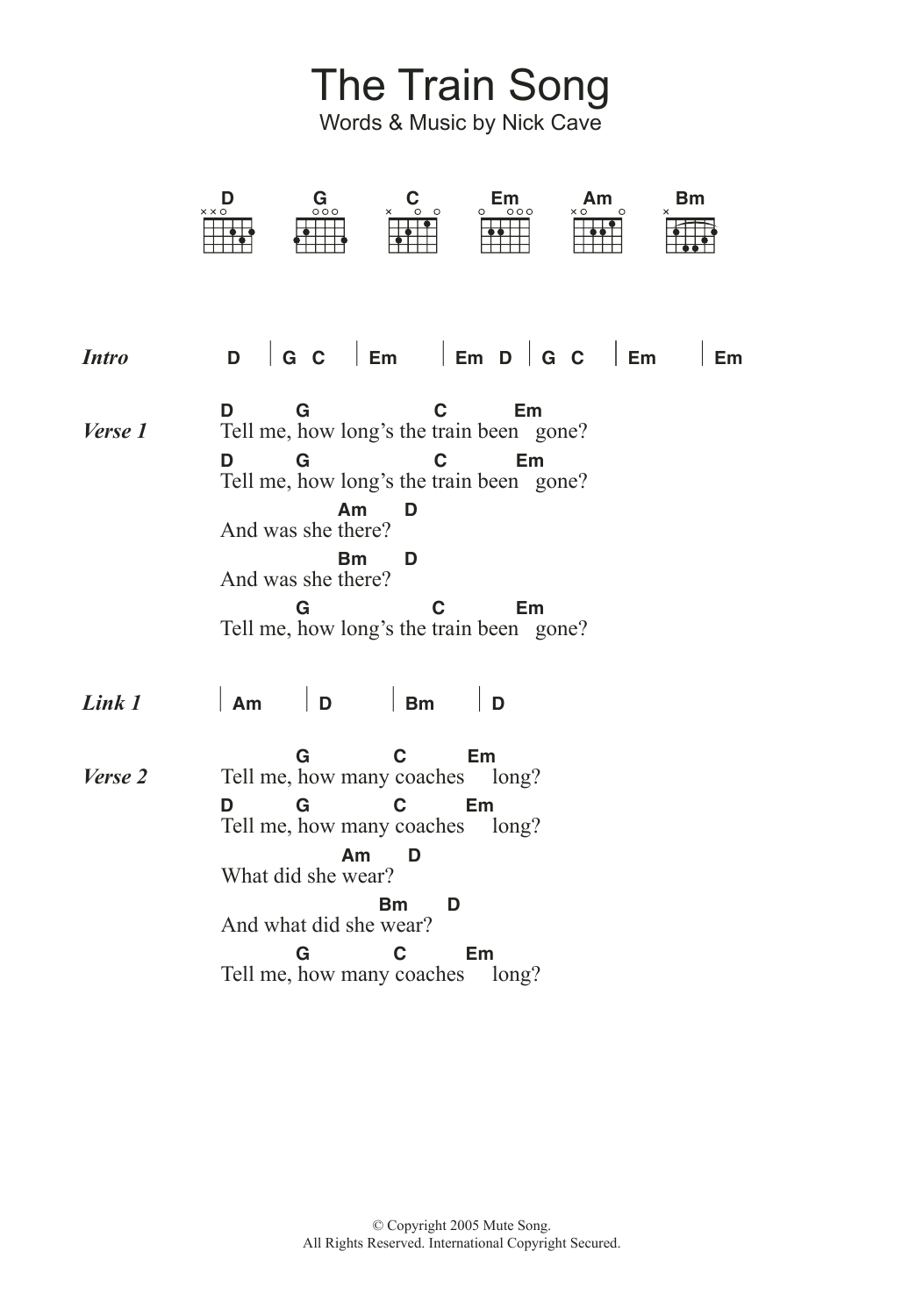 Nick Cave The Train Song Sheet Music Notes & Chords for Lyrics & Chords - Download or Print PDF