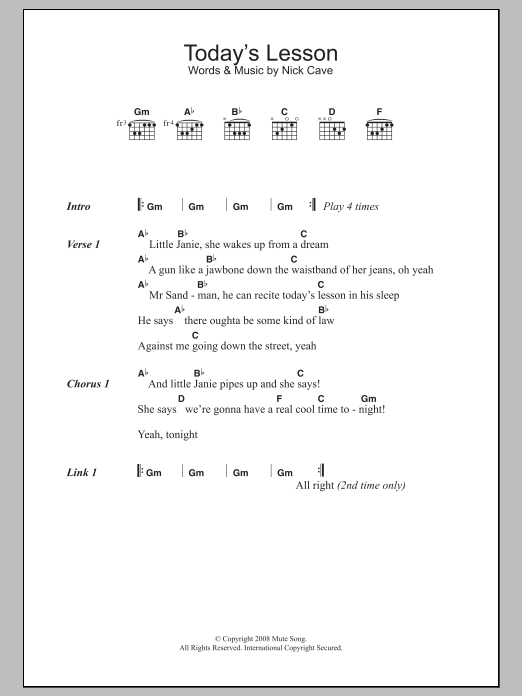 Nick Cave Today's Lesson Sheet Music Notes & Chords for Lyrics & Chords - Download or Print PDF