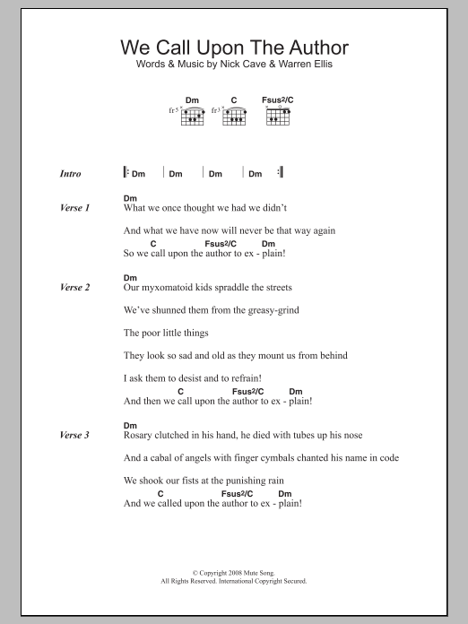Nick Cave We Call Upon The Author Sheet Music Notes & Chords for Lyrics & Chords - Download or Print PDF