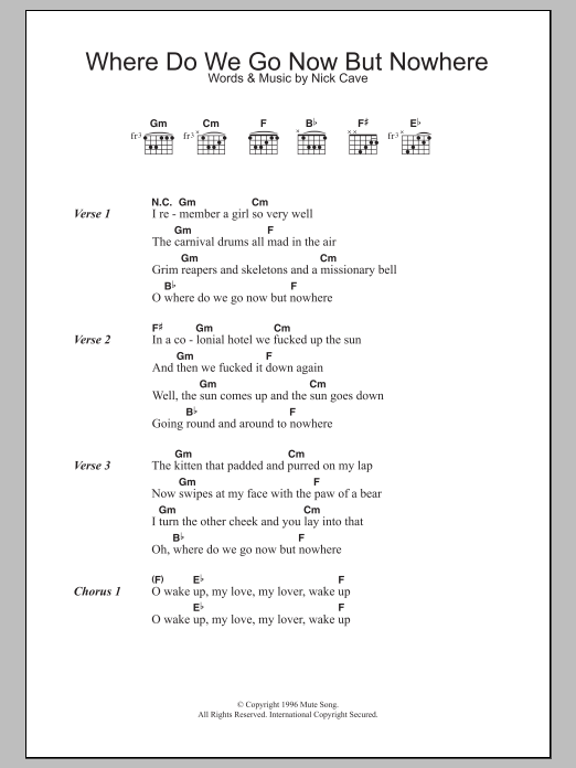 Nick Cave & The Bad Seeds Where Do We Go Now But Nowhere Sheet Music Notes & Chords for Lyrics & Chords - Download or Print PDF