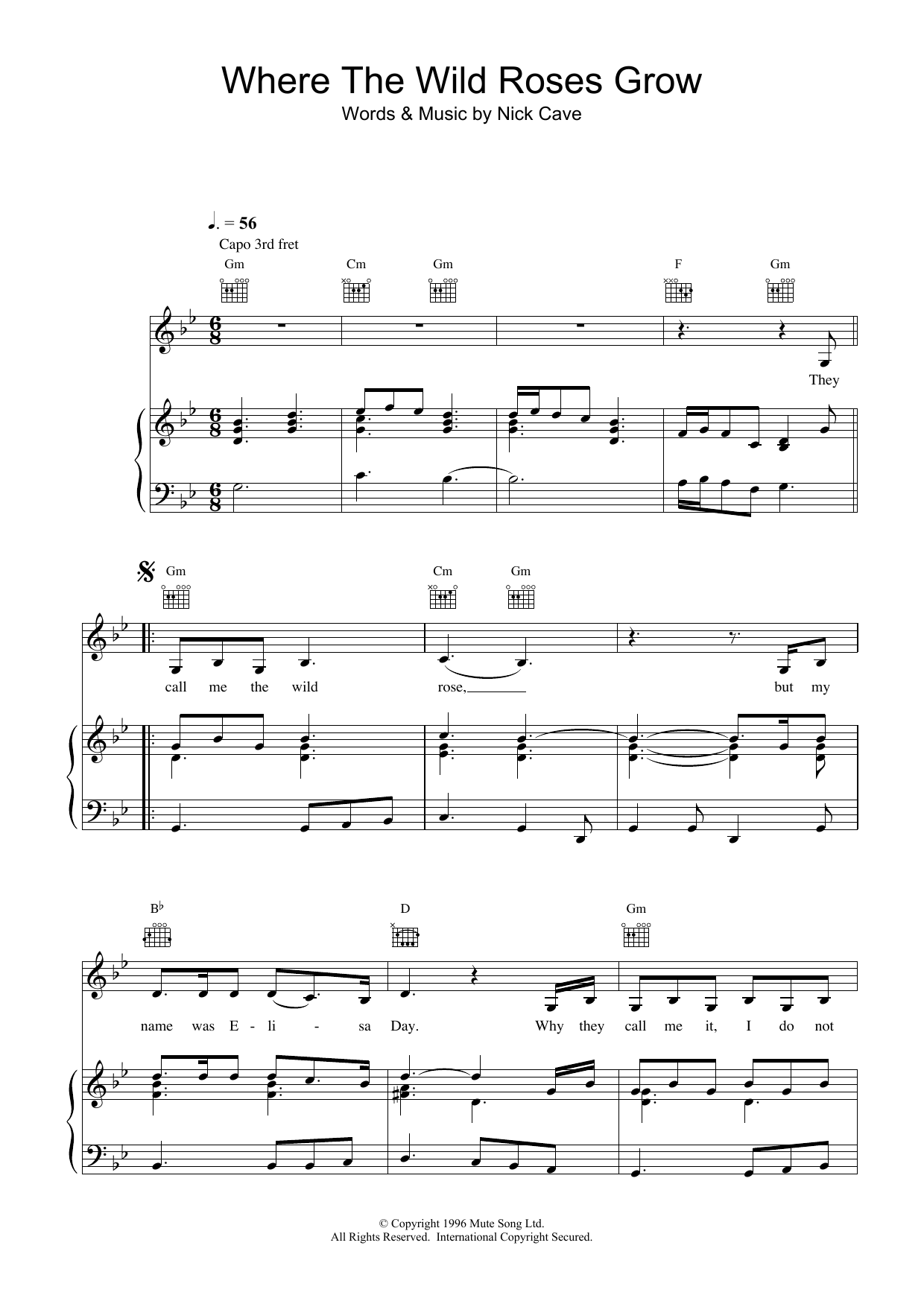 Nick Cave Where The Wild Roses Grow Sheet Music Notes & Chords for Lyrics & Chords - Download or Print PDF
