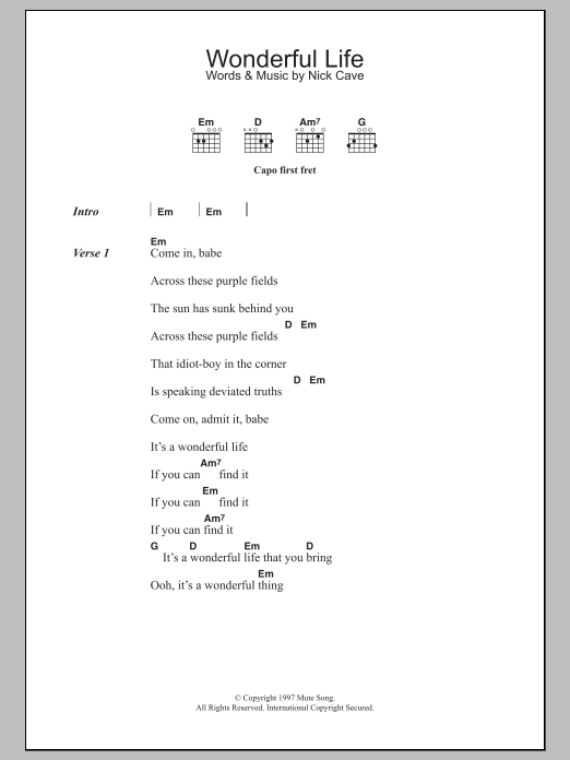 Nick Cave Wonderful Life Sheet Music Notes & Chords for Lyrics & Chords - Download or Print PDF
