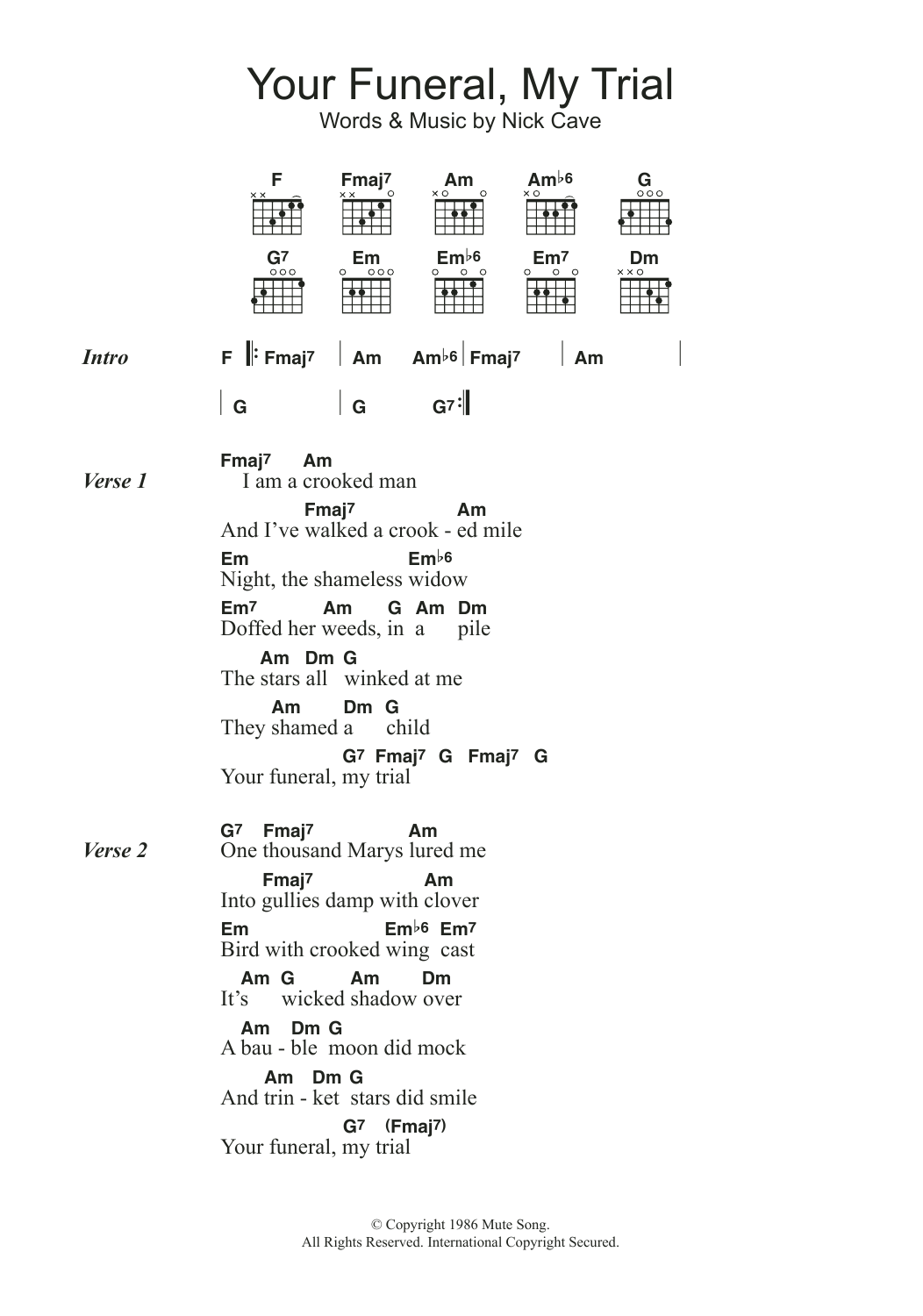 Nick Cave Your Funeral, My Trial Sheet Music Notes & Chords for Lyrics & Chords - Download or Print PDF