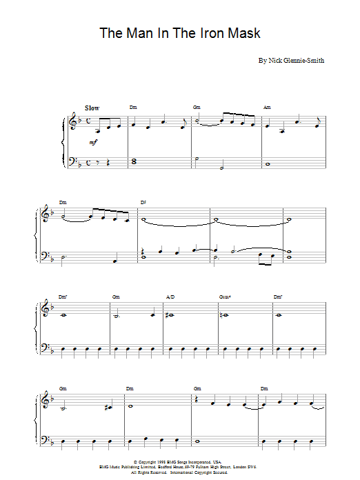 Nick Glennie-Smith The Man In The Iron Mask Sheet Music Notes & Chords for Piano - Download or Print PDF