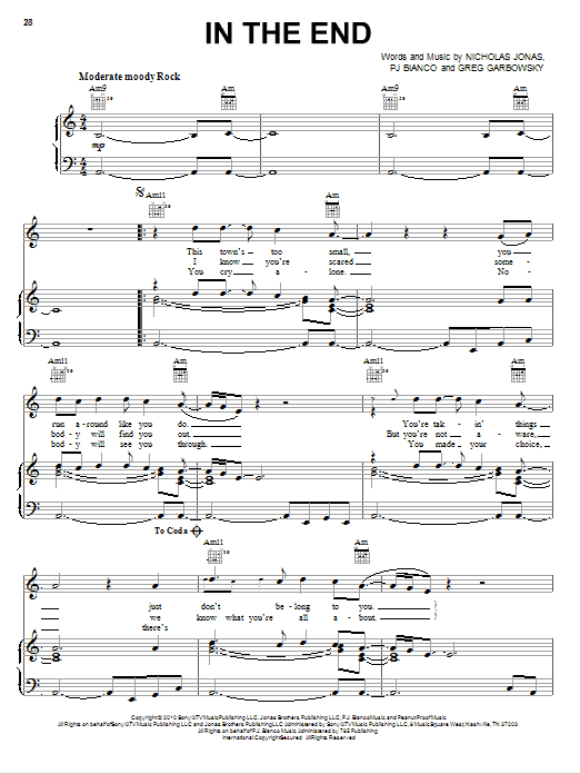 Nick Jonas & The Administration In The End Sheet Music Notes & Chords for Piano, Vocal & Guitar (Right-Hand Melody) - Download or Print PDF