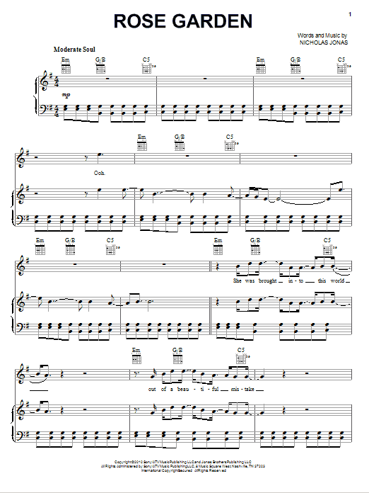 Nick Jonas & The Administration Rose Garden Sheet Music Notes & Chords for Piano, Vocal & Guitar (Right-Hand Melody) - Download or Print PDF