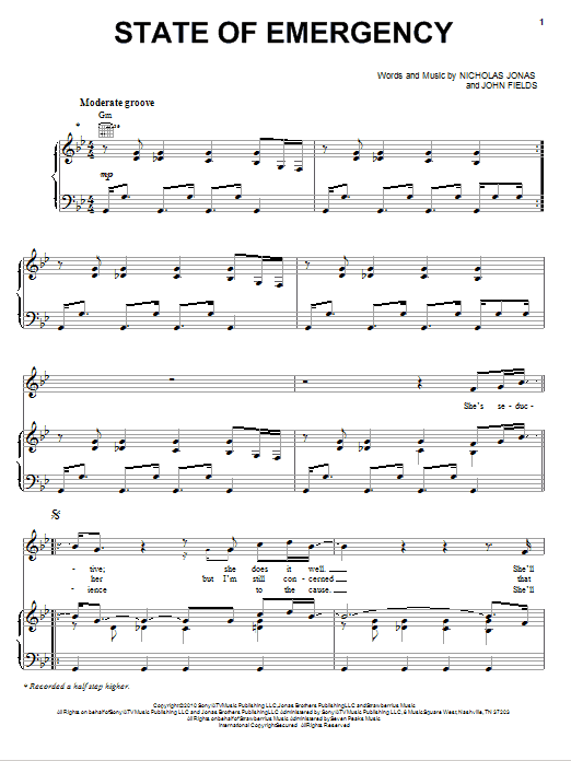 Nick Jonas & The Administration State Of Emergency Sheet Music Notes & Chords for Piano, Vocal & Guitar (Right-Hand Melody) - Download or Print PDF