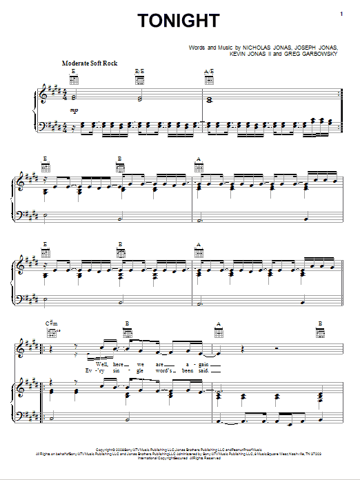 Nick Jonas & The Administration Tonight Sheet Music Notes & Chords for Piano, Vocal & Guitar (Right-Hand Melody) - Download or Print PDF