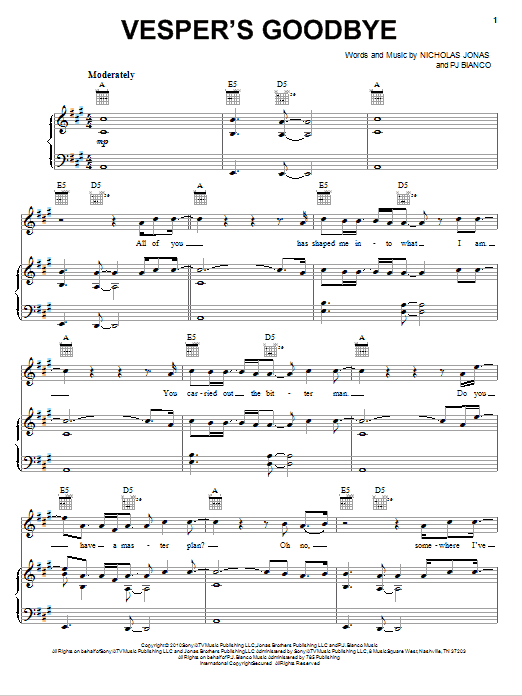 Nick Jonas & The Administration Vesper's Goodbye Sheet Music Notes & Chords for Piano, Vocal & Guitar (Right-Hand Melody) - Download or Print PDF