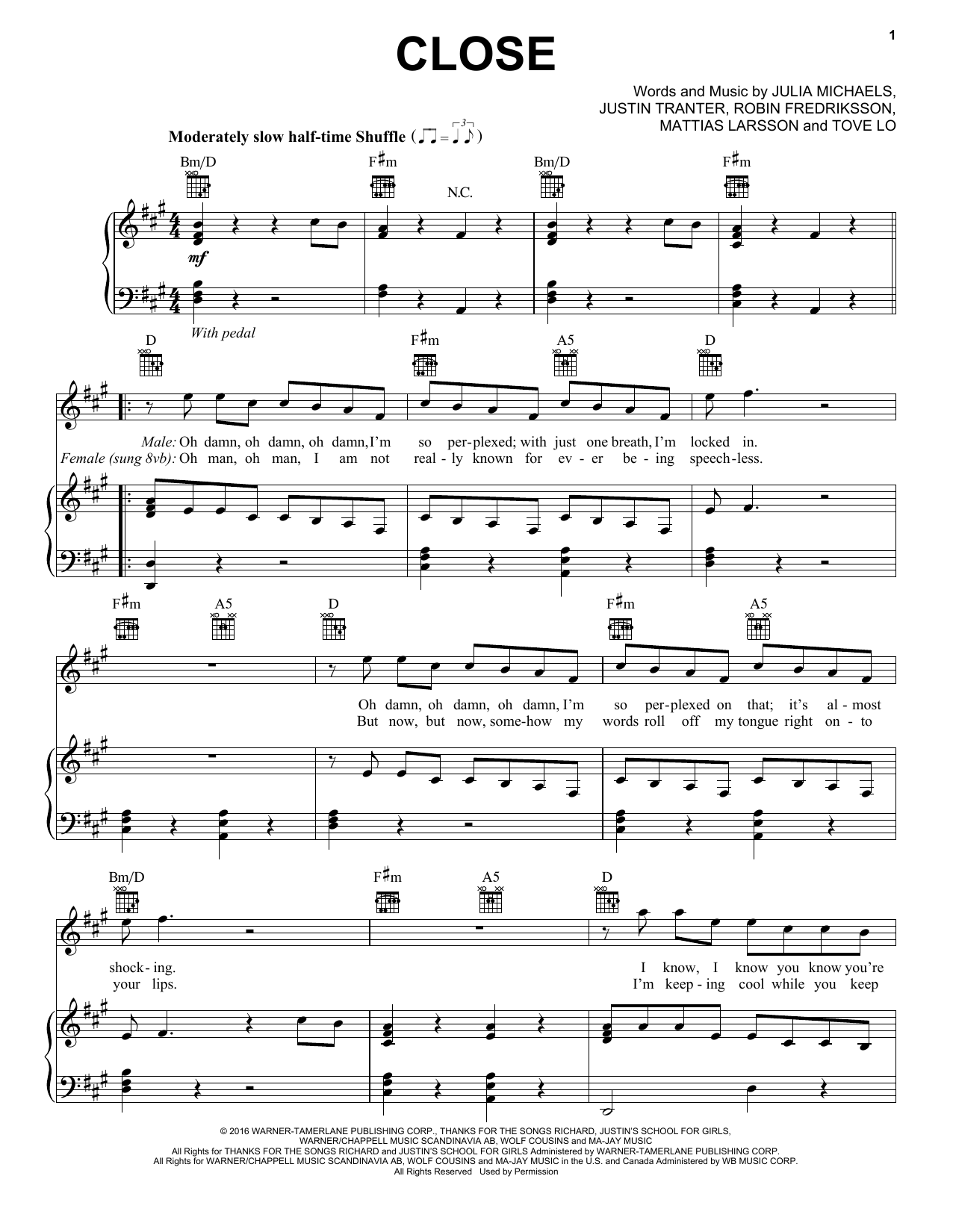 Nick Jonas feat. Tove Lo Close Sheet Music Notes & Chords for Piano, Vocal & Guitar (Right-Hand Melody) - Download or Print PDF