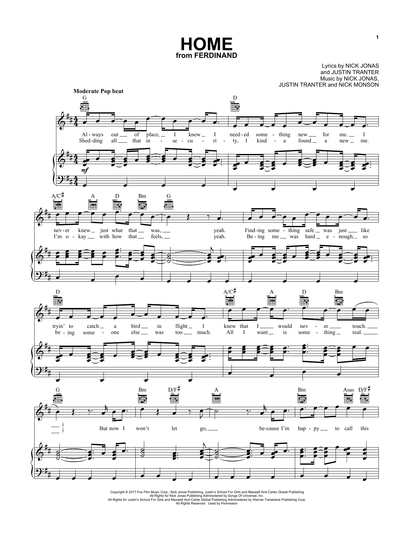 Nick Jonas Home Sheet Music Notes & Chords for Piano, Vocal & Guitar (Right-Hand Melody) - Download or Print PDF