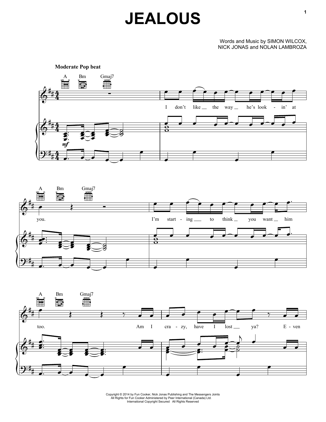 Nick Jonas Jealous Sheet Music Notes & Chords for Piano, Vocal & Guitar (Right-Hand Melody) - Download or Print PDF