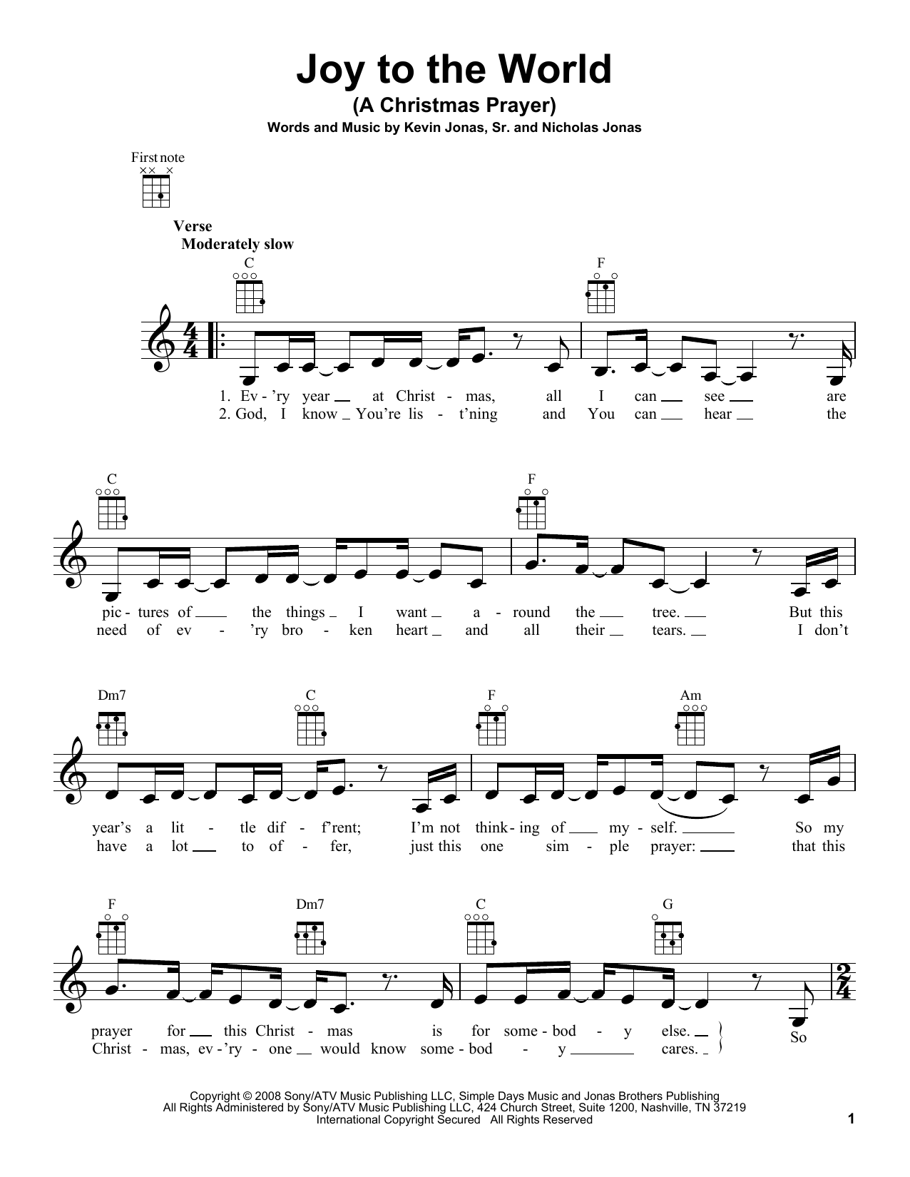 Nick Jonas Joy To The World (A Christmas Prayer) Sheet Music Notes & Chords for Ukulele - Download or Print PDF
