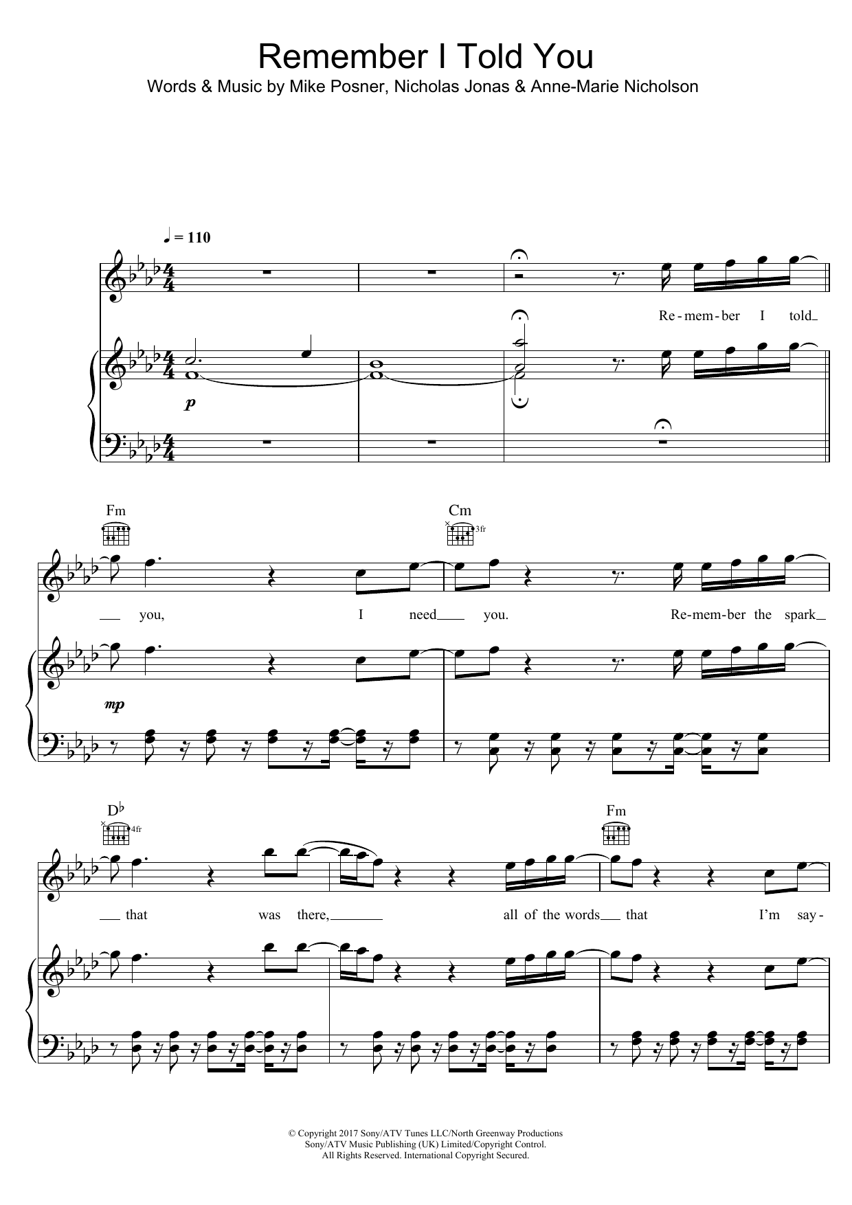 Nick Jonas Remember I Told You (featuring Anne-Marie) Sheet Music Notes & Chords for Piano, Vocal & Guitar (Right-Hand Melody) - Download or Print PDF