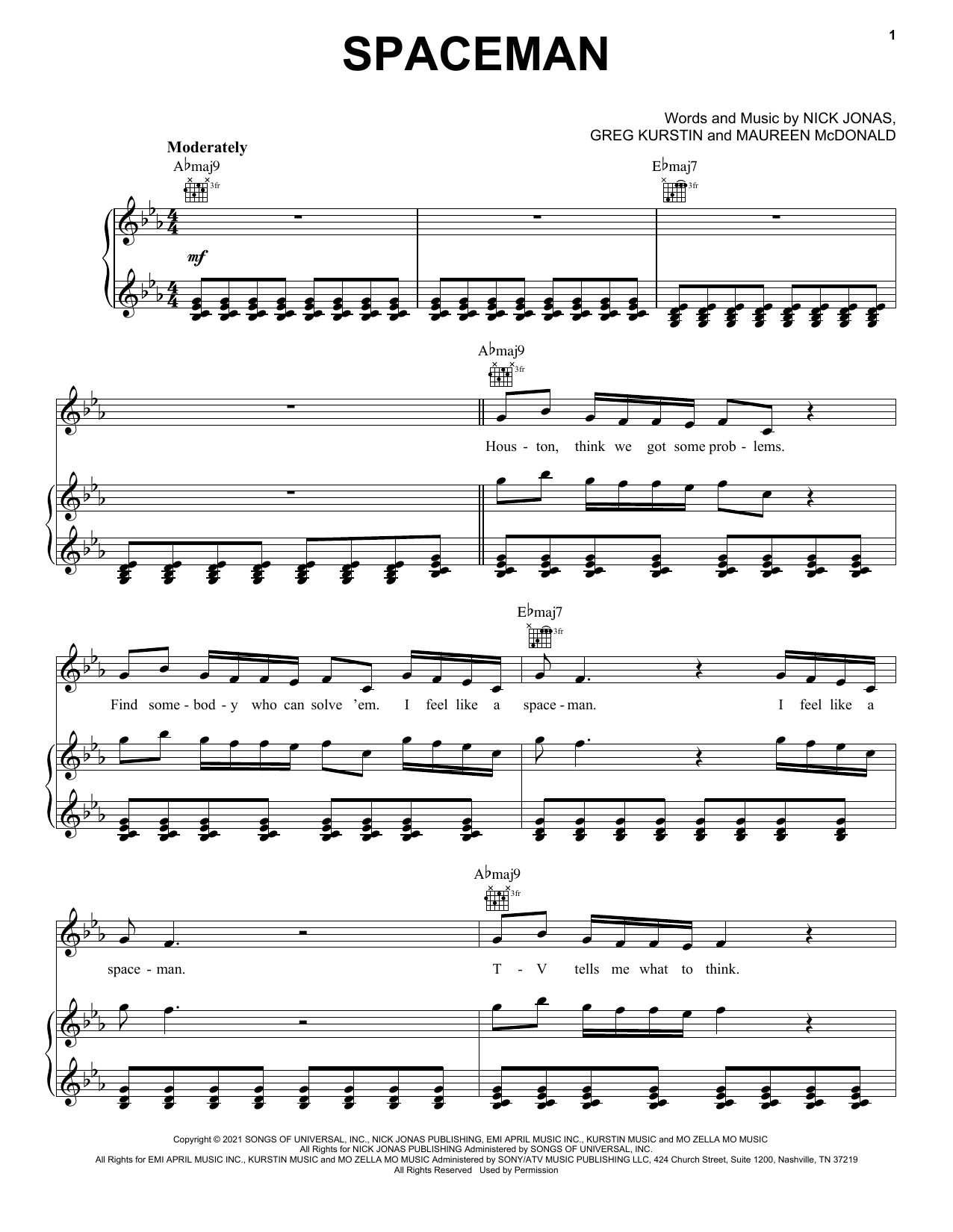 Nick Jonas Spaceman Sheet Music Notes & Chords for Piano, Vocal & Guitar (Right-Hand Melody) - Download or Print PDF