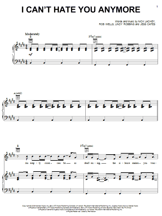 Nick Lachey I Can't Hate You Anymore Sheet Music Notes & Chords for Piano, Vocal & Guitar (Right-Hand Melody) - Download or Print PDF