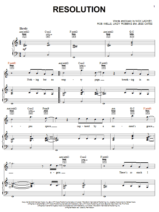 Nick Lachey Resolution Sheet Music Notes & Chords for Piano, Vocal & Guitar (Right-Hand Melody) - Download or Print PDF