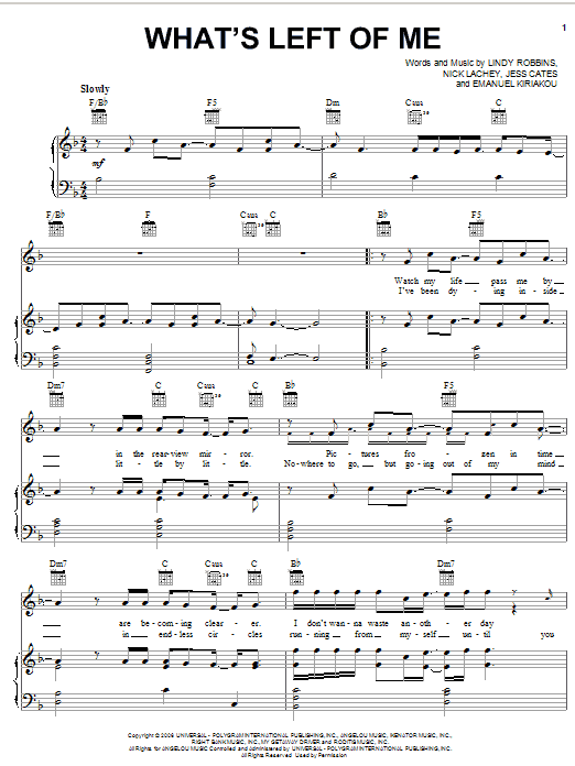 Nick Lachey What's Left Of Me Sheet Music Notes & Chords for Piano, Vocal & Guitar (Right-Hand Melody) - Download or Print PDF