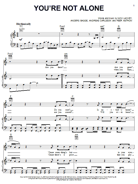 Nick Lachey You're Not Alone Sheet Music Notes & Chords for Piano, Vocal & Guitar (Right-Hand Melody) - Download or Print PDF