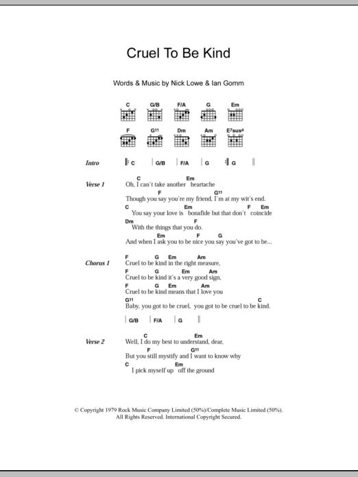 Nick Lowe Cruel To Be Kind Sheet Music Notes & Chords for Guitar Chords/Lyrics - Download or Print PDF