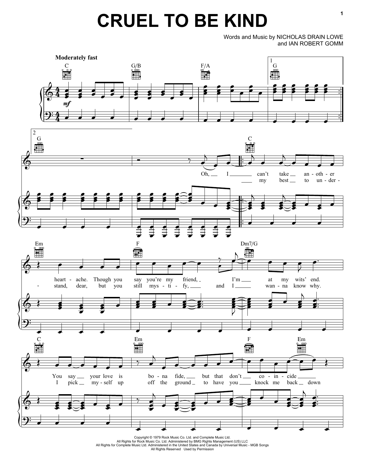 Nick Lowe Cruel To Be Kind Sheet Music Notes & Chords for Piano, Vocal & Guitar (Right-Hand Melody) - Download or Print PDF