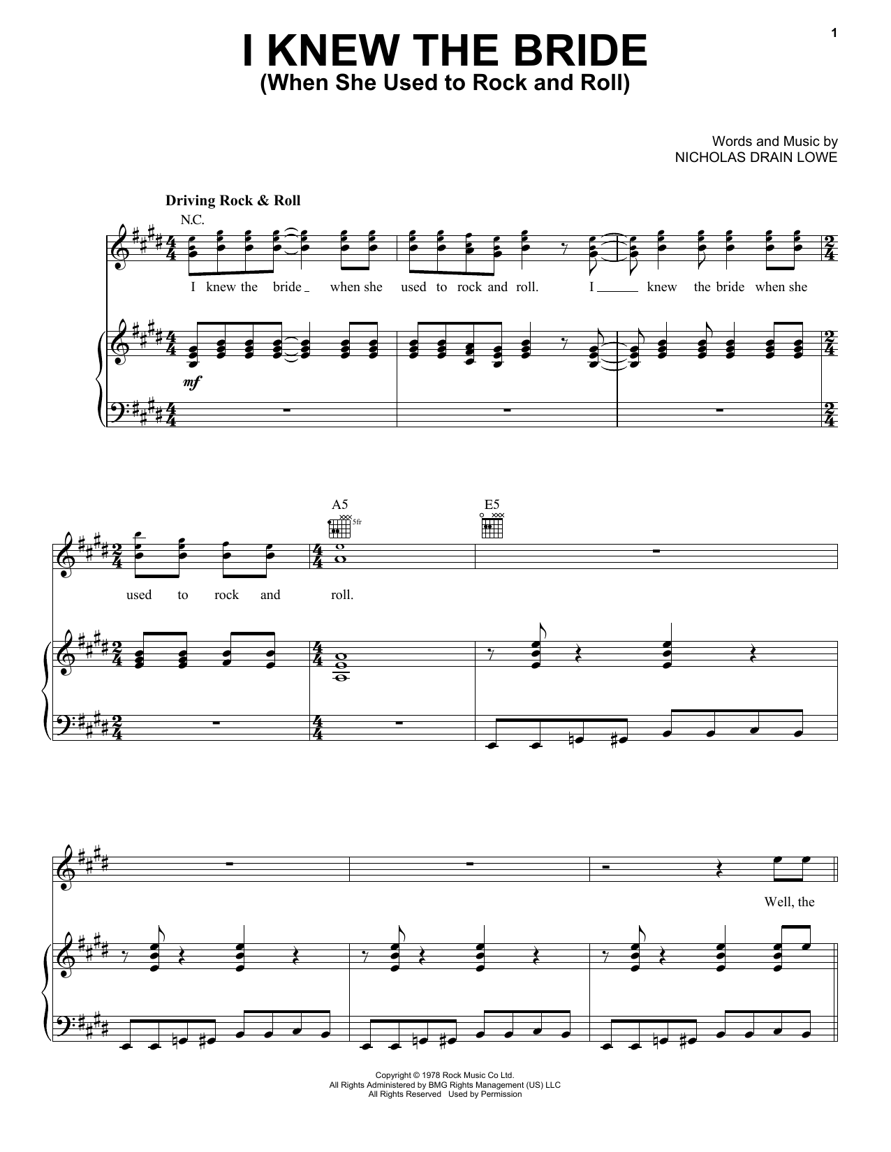 Nick Lowe I Knew The Bride (When She Used To Rock And Roll) Sheet Music Notes & Chords for Piano, Vocal & Guitar (Right-Hand Melody) - Download or Print PDF