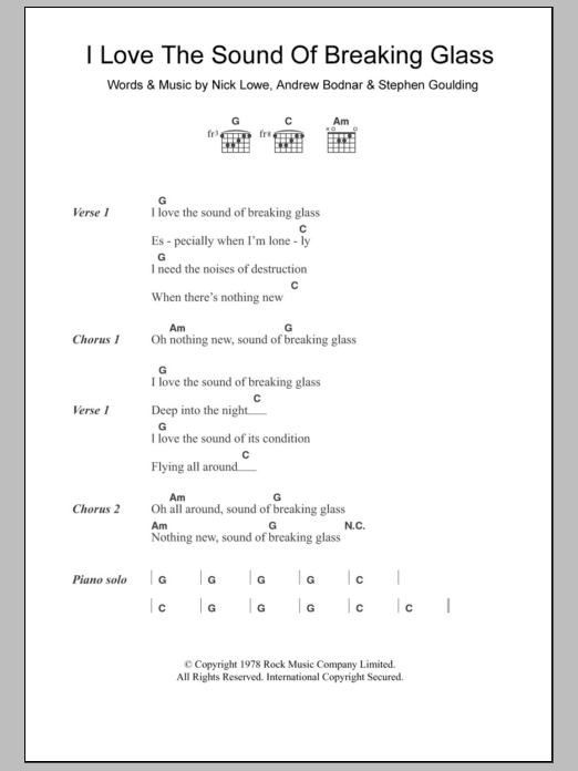 Nick Lowe I Love The Sound Of Breaking Glass Sheet Music Notes & Chords for Guitar Chords/Lyrics - Download or Print PDF