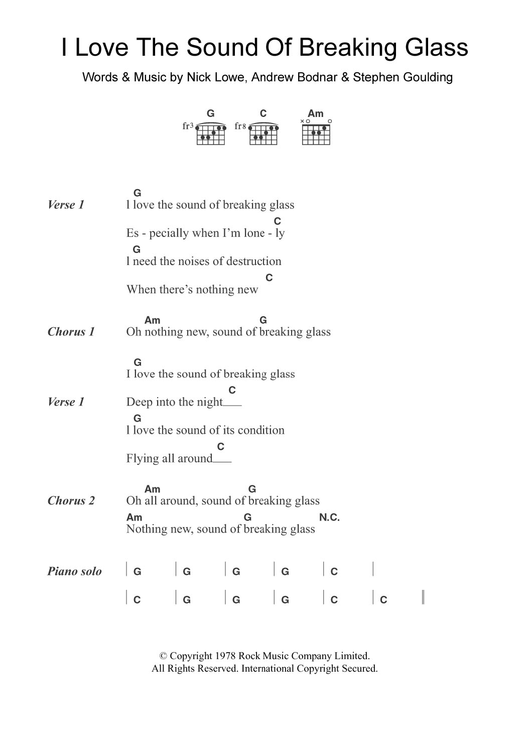 Nick Lowe I Love The Sound Of Breaking Glass Sheet Music Notes & Chords for Guitar Chords/Lyrics - Download or Print PDF