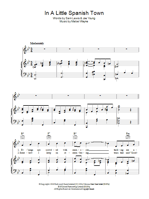 Nick Lucas In A Little Spanish Town ('Twas On A Night Like This) Sheet Music Notes & Chords for Piano, Vocal & Guitar (Right-Hand Melody) - Download or Print PDF