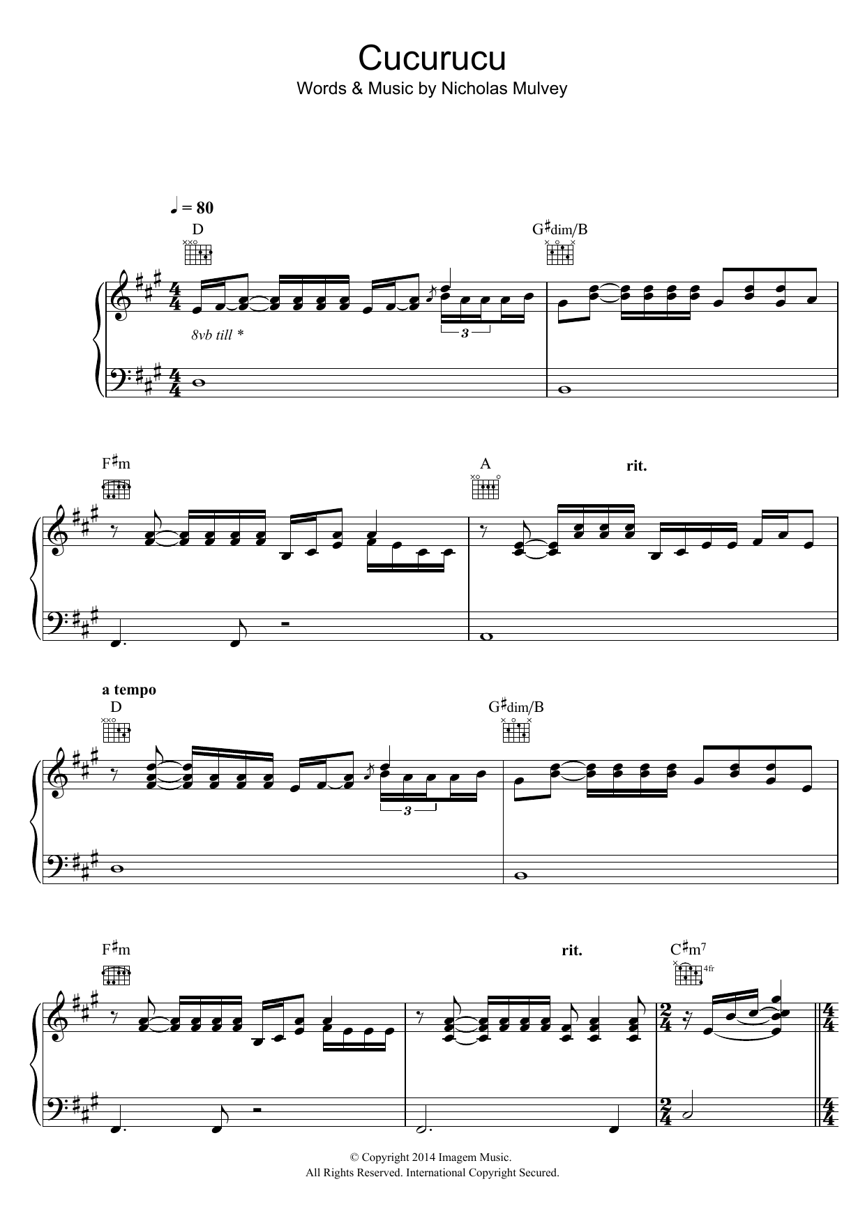 Nick Mulvey Cucurucu Sheet Music Notes & Chords for Piano, Vocal & Guitar - Download or Print PDF